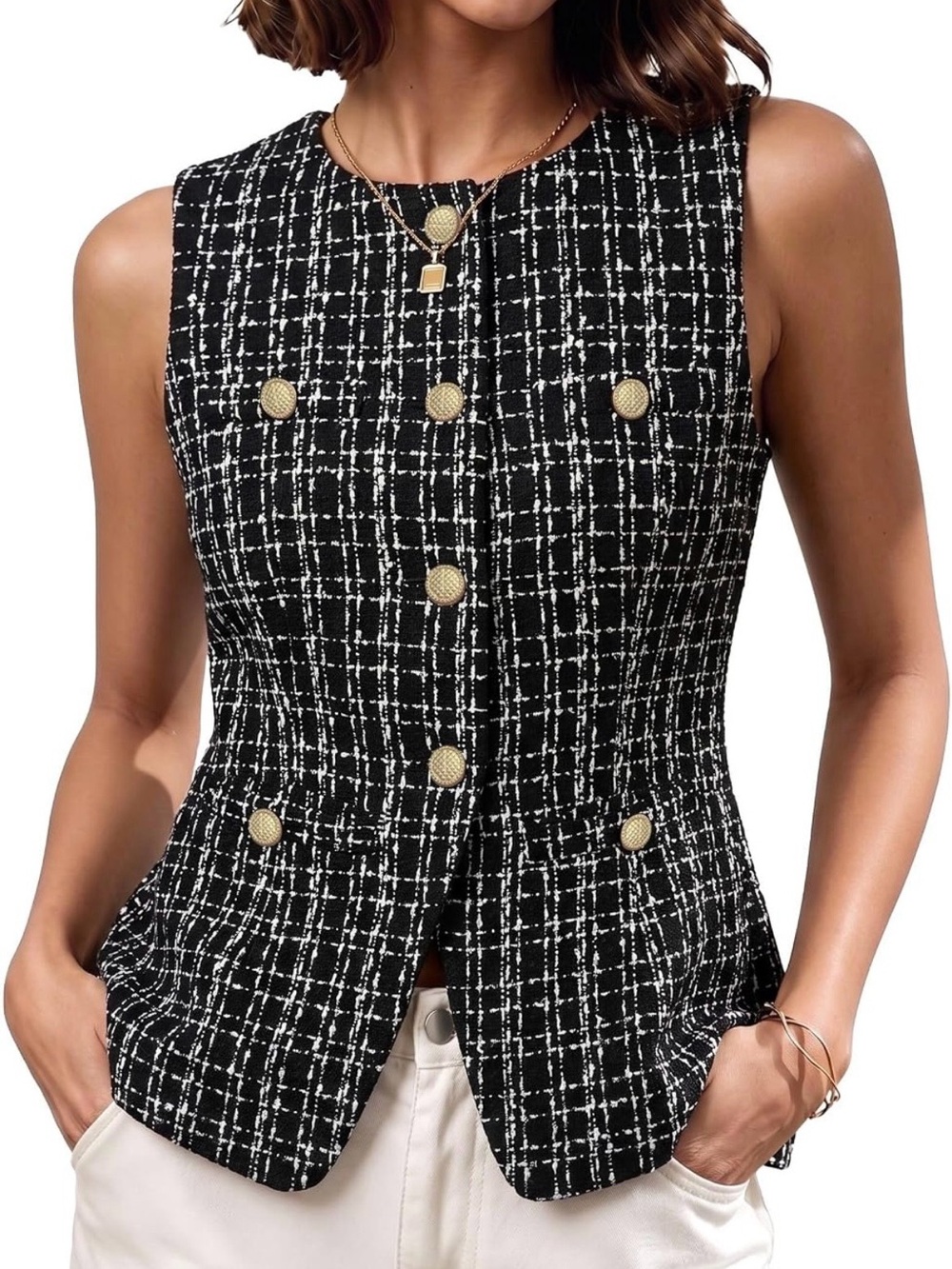 Mina Self Black & White Tweed Sleeveless Vest with Gold Buttons